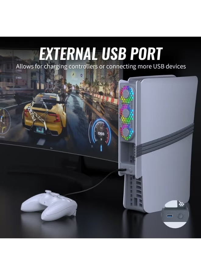 مروحة تبريد عالمية لجهاز PS5 Pro/Slim - تحكم ذكي في درجة الحرارة، مروحة توربو خلفية مع إضاءة RGB، نظام تبريد بثلاث سرعات قابل للتعديل للإصدار الرقمي وإصدار الأقراص (رمادي وأسود) - Image 5